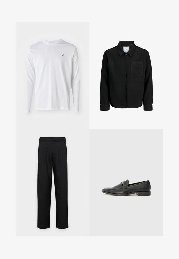 Črna jakna z zadrgo in ovratnikom ter enim žepom na prsih, prikazana na beli podlagi.; Bela bombažna srajca z dolgimi rokavi, okroglim izrezom in majhnim temno modrim logotipom "M OP" na levem prsnem delu. Gladka tekstura.; Črne hlače iz gladkega materiala, s krojem ravne noge, dvema sprednjima pregiboma in standardnim pasom z zankami za pas.; Črni usnjeni loafer z gladko površino, ki ima šivano zasnovo in dekorativni kovinski verižni naglas preko vampirja. Ravno peto.
