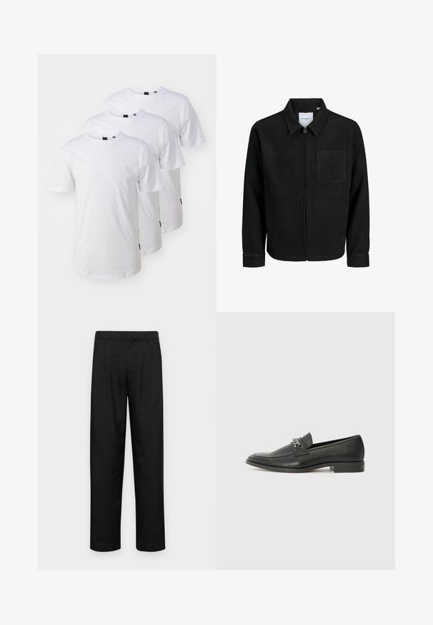 Jachetă neagră cu fermoar, cu guler și un singur buzunar pe piept, expusă pe fundal alb.; Trei tricouri din bumbac alb simplu, cu mâneci scurte, decolteu rotund și etichete negre pe marginile de jos. Croială clasică și textură netedă.; Pantaloni negri dintr-un material neted, cu un design drept, două pliuri frontale și un tiv standard cu bucle pentru curea.; Pantofii negri din piele cu un finisaj neted, având un design cusut și un accent decorativ de lanț metalic peste partea de sus. Toc plat.