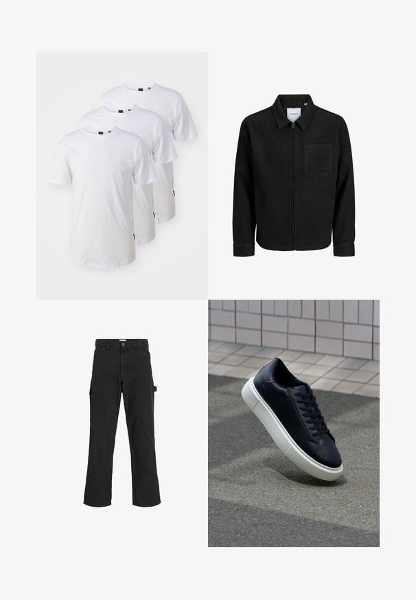 Black zip-up jacket with collar and single chest pocket, displayed on white background.; Three plain white cotton t-shirts with short sleeves, round necklines, and black tags on the bottom hem. Classic fit and smooth texture.; Black cargo pants in cotton blend fabric. Features wide legs, front slant pockets, and a side pocket with a loop for accessories.; Black leather sneaker with rounded toe and white rubber sole. Features flat laces and minimal stitching on the upper. Textured sole for grip.