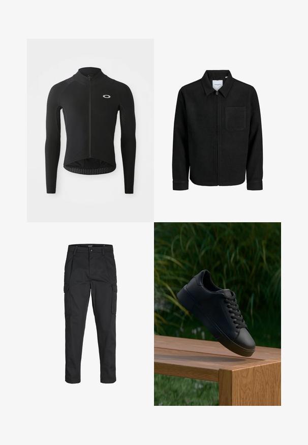 Črna jakna z zadrgo in ovratnikom ter enim žepom na prsih, prikazana na beli podlagi.; Črna kolesarska majica z dolgimi rokavi z zadrgo spredaj, teksturiranimi rokavi, odsevnim logotipom na prsih in ukrivljenim robom na hrbtni strani.; Črne cargo hlače iz trdnega blaga, ki imajo več žepov, gumbasto zapiranje in ozek kroj z zožanimi nogami.; Črne usnjene teniske s vezalkami se zdijo, da lebde nad leseno klopjo, v ozadju pa so zamegljene zelene trave in rastline.