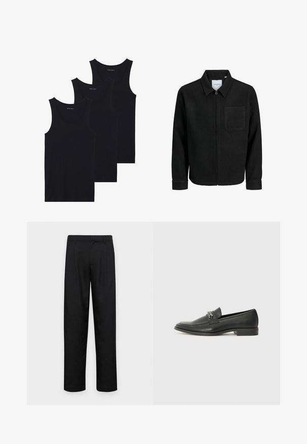 Musta vetoketjullinen takki, jossa on kaulus ja yksi rintatasku, esitelty valkoista taustaa vasten.; Kolme mustaa puuvillakangasta tehtyä hihattomaa toppia, joissa on ribbitekstuuri, pyöreä pääntie, pinottuna siististi.; Mustat housut, jotka on valmistettu sileästä kankaasta, suoran lahkeen muotoilulla, kahdella etupleekillä ja tavanomaisella vyötäröllä, jossa on vyölenkit.; Musta nahkakengät, joissa on sileä pinta, koristeelliset ompeleet ja metalliketjun yksityiskohta kengän päällä. Littee korko.