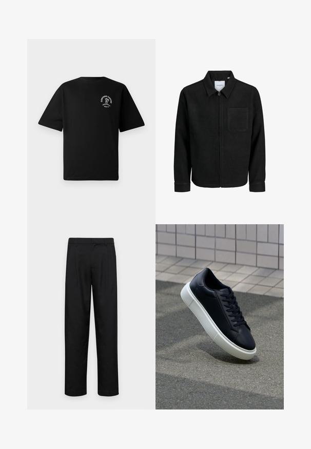 Fekete, zipzáros dzseki gallérral és egyetlen mellzsebbel, fehér háttéren.; Fekete, rövid ujjú póló, kis fehér logóval a mellrészen, amelyen egy kávéfőző és a "Cortado Coffee Original 2013" felirat látható.; Fekete nadrág sima anyagból, egyenes szárú fazonnal, két elülső redővel és közönséges derékkal, övhurkokkal.; Fekete bőr sportcipő lekerekített orral és fehér gumitalppal. Lapos fűzőkkel és minimális varrásokkal rendelkezik a felsőrészén. Mintás talp a tapadásért.