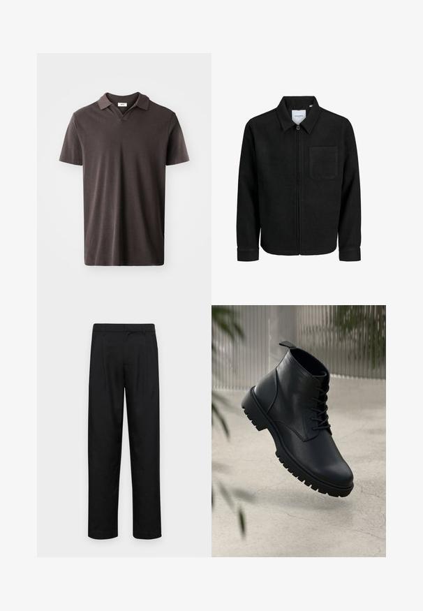 Sort lynlåsjakke med krave og en enkelt brystlomme, vist på hvid baggrund.; Mørkebrunt polo-shirt med korte ærmer, der har en klassisk krave og en subtil tekstureret stof, med en lige kant og et minimalistisk design.; Sorte bukser lavet af glat stof, med et lige ben-design, to frontfolder og en standard talje med bæltestropper.; Sorte læder ankelstøvler med rund tå, snørebåndsdesign og robust gummisål. Glat tekstur med en løkke bagpå.