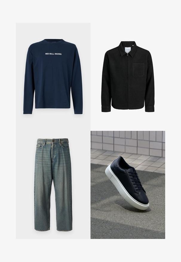 Mustaga lukuga jakker, millel on krae ja üks rinna-tasku, esitatud valgel taustal.; Tumed pikkade varrukatega T-särk, mis on valmistatud puuvillast, ümmarguse kaeluse ja valge tekstiga "RED BULL RACING" rinna peal.; Heledad sinine denim-stiilis teksad, volüümse lõike, keskmise kõrgusega talje ja sirgete säärega. Omab viit taskut, vöökumme ja nööpide sulgemist.; Mustast nahast tennisetoss, millel on ümar nina ja valge kummist tall. Omab siredaid paelu ja minimaalset õmblemist ülemises osas. Tekstuuriga tald, mis tagab haakuvuse.