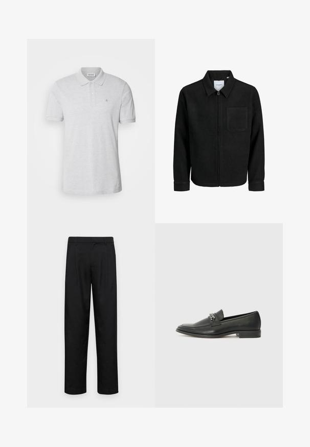 Črna jakna z zadrgo in ovratnikom ter enim žepom na prsih, prikazana na beli podlagi.; Siva polo majica iz bombaža, z klasičnim ovratnikom, dvema gumboma in majhnim vezenim logotipom na levi prsih.; Črne hlače iz gladkega materiala, s krojem ravne noge, dvema sprednjima pregiboma in standardnim pasom z zankami za pas.; Črni usnjeni loafer z gladko površino, ki ima šivano zasnovo in dekorativni kovinski verižni naglas preko vampirja. Ravno peto.
