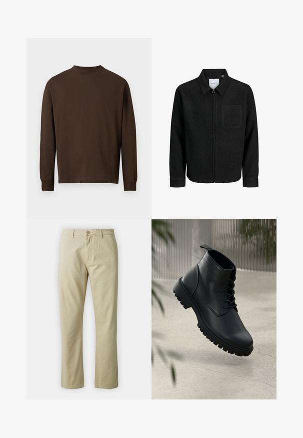 Mustaga lukuga jakker, millel on krae ja üks rinna-tasku, esitatud valgel taustal.; Pruun pikkade varrukatega särk pehmest kangast, ümmarguse kaelusega ja sirge lõikega, ilma silmapaistvate mustrite või detailideta.; Beezid puuvillased püksid sirge sääre kujundusega, esitasku nuppude sulgemise ja vööde abil. Sile tekstuur, ilma nähtavate mustrite või aktsentideta.; Mustad mustad nahast ankle saapad, ümmarguse nina, nööbidest sulgemise ja robustse kummitald. Sile tekstuur ja tõmbetab tagaküljel.