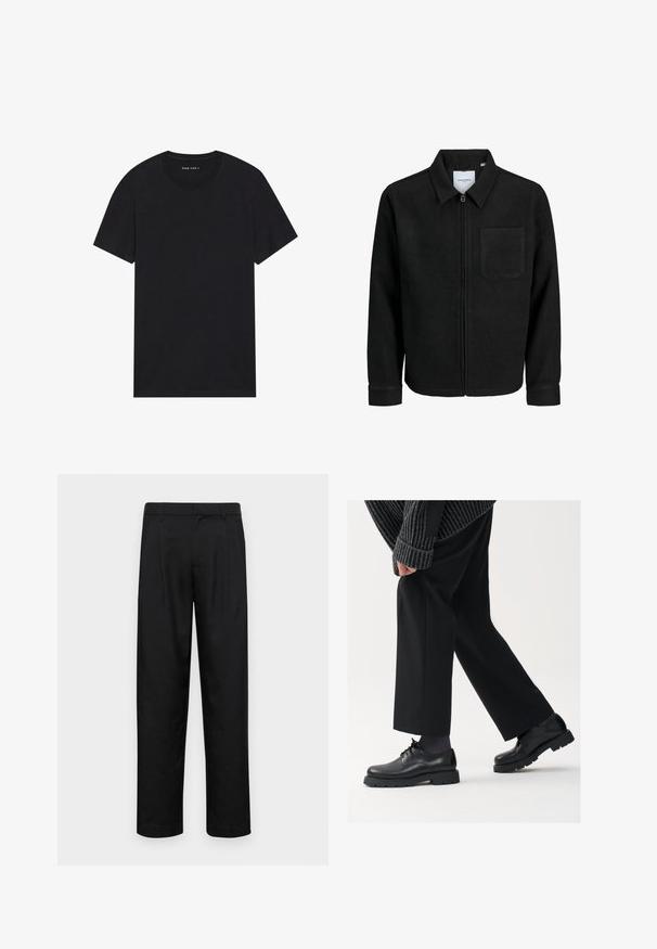 Juodas džemperis su užtrauktuku, apykakle ir vienu krūtiniu kišenėje, pristatytas baltame fone.; Juodas medvilnės marškinėliai su trumpomis rankovėmis ir apvalia iškirpte. Audinys turi lygų paviršių ir paprastą, vientisą dizainą.; Juodi kelnių modeliai, pagaminti iš lygios medžiagos, turi tiesią kojas, du priekiniai klostės ir standartinę juosmenį su diržo kilpomis.; Juodos odinės kojinės su apvalia nosimi, raištelių dizainu ir storu, tekstūriniu padu. Dėvimos su pritaikytomis juodomis kelnėmis ir liniuotėmis megztiniu.