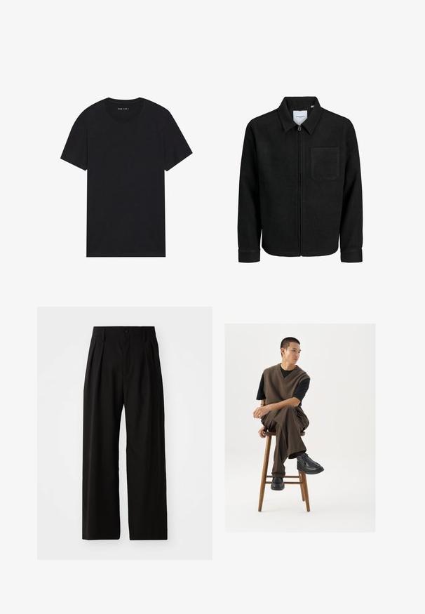 Čierna zipsová bunda s golierom a jednou náprsníkou, vystavená na bielom pozadí.; Čierne bavlnené tričko s krátkymi rukávmi a okrúhlym výstrihom. Materiál má hladkú textúru a jednoduchý, jednofarebný dizajn.; Čierne nohavice s širokými nohavicami a hladkou textúrou, so zložením vpredu, zapínaním na gombík a bočnými vreckami. Odolná látka.; Hnedý pletený sveter cez čierne tričko, v kombinácii s hnedými širokými nohavicami a čiernymi robustnými topánkami, sediaci na drevenom stoličke.