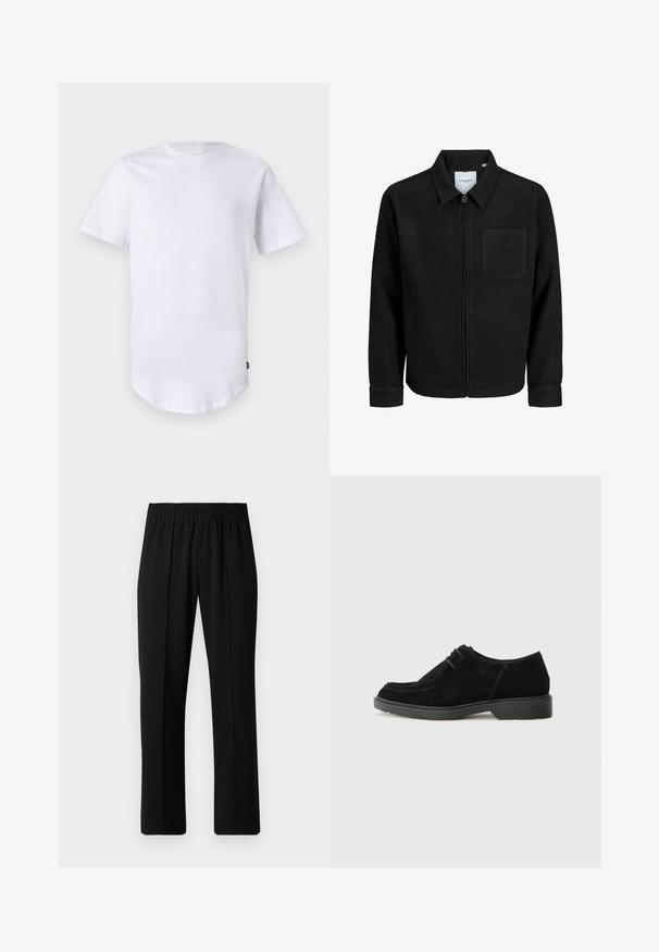 Chaqueta negra con cremallera y cuello, con un solo bolsillo en el pecho, expuesta sobre un fondo blanco.; Camiseta blanca de manga corta hecha de algodón. Diseño de cuello redondo con dobladillo curvado. Etiqueta visible en el lado inferior izquierdo. Textura suave.; Pantalones negros con cintura elástica y diseño de pierna recta, con una textura suave y sin patrones o herrajes visibles.; Zapato de vestir de ante negro con punta redondeada, costuras en contraste y una suela de goma. Cuenta con un cordón mínimo y un diseño de parte superior suave.