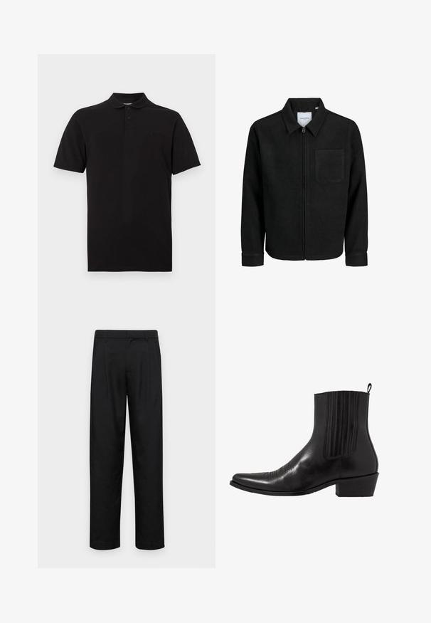 Fekete, zipzáros dzseki gallérral és egyetlen mellzsebbel, fehér háttéren.; Fekete pólóing, pamutból készült, klasszikus gallérral, háromgombos gombolással és egy kis logó részlettel a mellrészen.; Fekete nadrág sima anyagból, egyenes szárú fazonnal, két elülső redővel és közönséges derékkal, övhurkokkal.; Fekete bőr ankle boot, hegyes orral, rugalmas oldalpanellel, függőleges varrásokkal és alacsony blokk sarokkal.