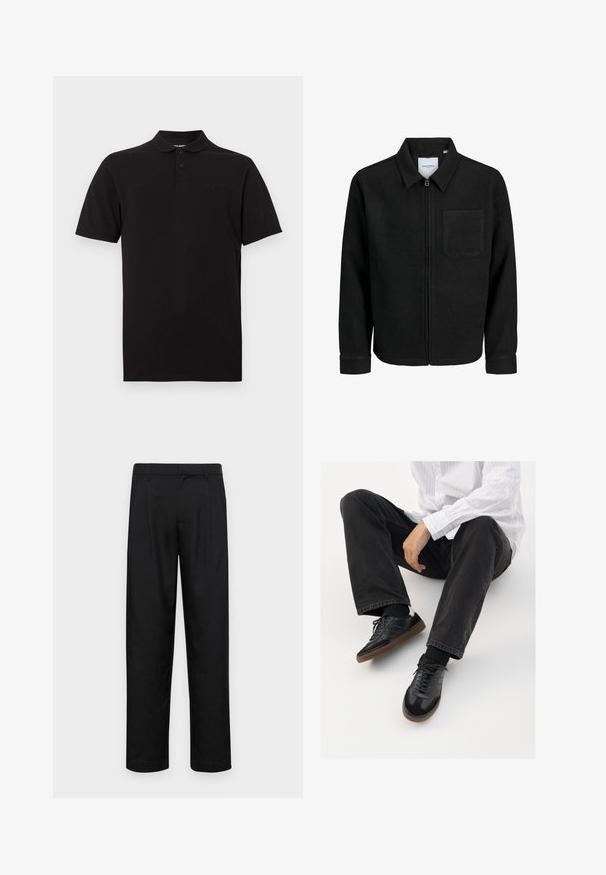 Zwarte zip-up jas met kraag en enkele borstzak, weergegeven op een witte achtergrond.; Zwarte polo gemaakt van katoen, met een klassieke kraag, een drieknoopssluiting en een klein logo detail op de borst.; Zwarte broeken van gladde stof, met een recht model, twee voorknikken en een standaard tailleband met riemlussen.; Zwarte sneakers met een glad en textuur detail, voorzien van een rubberen zool en donkere veters. Gecombineerd met zwarte jeans en een wit gestreept shirt.