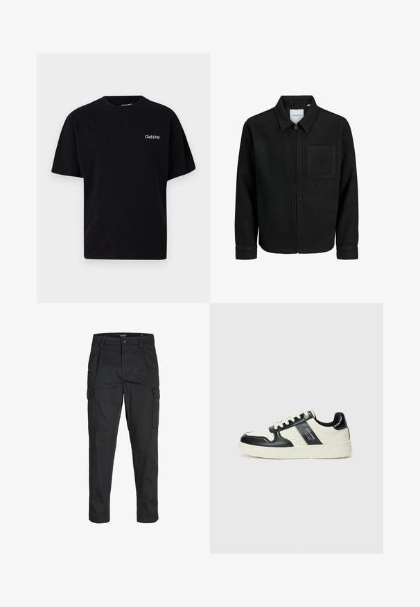 Juodas džemperis su užtrauktuku, apykakle ir vienu krūtiniu kišenėje, pristatytas baltame fone.; Juodas medvilninis marškinėliai su apvalia iškirpte ir trumpomis rankovėmis. Kairėje krūtinės pusėje yra balta užrašas "Club1990". Paprastas, nepuošnus dizainas.; Juodi krovinių tipo džinsai, pagaminti iš tvirto audinio, su keliais kišeniais, mygtuko uždarymu ir siauru, prigludusiu dizainu su siaurėjančiomis kojomis.; Odiniai sportbačiai juodos ir kreminės spalvų schemoje, su perforuotais akcentais, paminkštinta apykakle ir tekstūruotu padu.