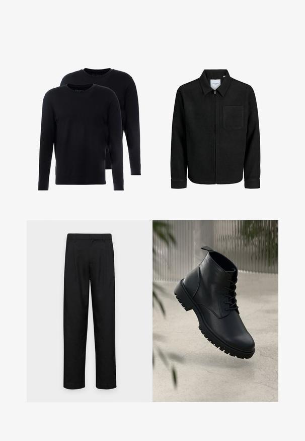 Giacca nera con zip, colletto e una tasca sul petto, mostrata su sfondo bianco.; Magliette a maniche lunghe nere realizzate in morbido cotone. Collo rotondo, design minimale e vestibilità regolare. Due magliette in un pacco.; Pantaloni neri realizzati in tessuto liscio, caratterizzati da un taglio dritto, due pieghe frontali e una vita standard con passanti per la cintura.; Stivali alla caviglia in pelle nera con punta arrotondata, design con lacci e suola in gomma robusta. Texture liscia con una linguetta sul retro.