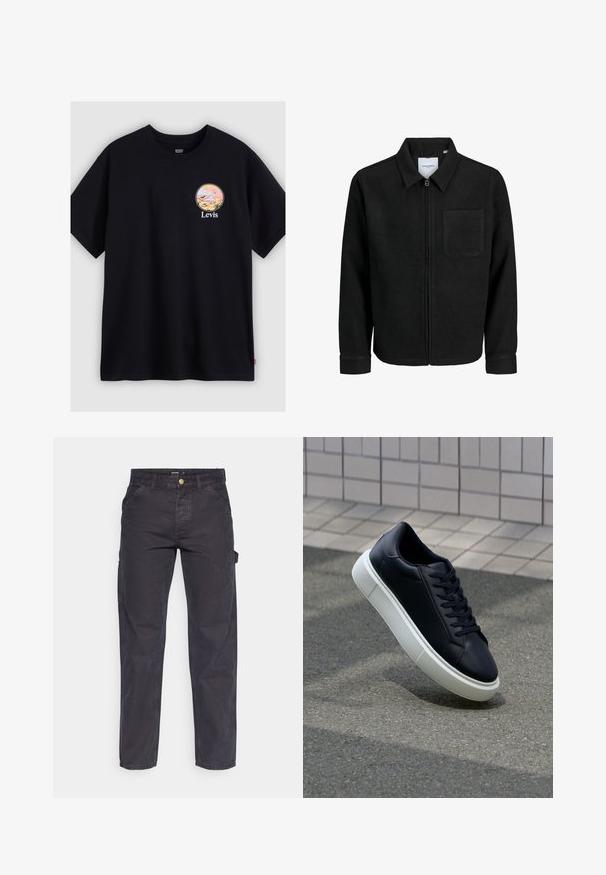Musta vetoketjullinen takki, jossa on kaulus ja yksi rintatasku, esitelty valkoista taustaa vasten.; Mustat puuvillateepaidat, joissa on pyöreä graafinen kuvio vaaleissa väreissä, kuvaamassa maisemaa ja sanan "Levis" graafisen kuvaston alapuolella.; Tummanharmaat cargo-housut, jotka on valmistettu kestävästä kankaasta. Niissä on suora lahkeellinen leikkaus, viisi taskua ja nappikiinnitys vyötäröllä.; Mustat nahkakengät, joissa on pyöristetty kärki ja valkoinen kumipohja. Varusteena litteät nauhat ja minimaalinen ommel ylhäällä. Teksturoitu pohja pitävyyden lisäämiseksi.