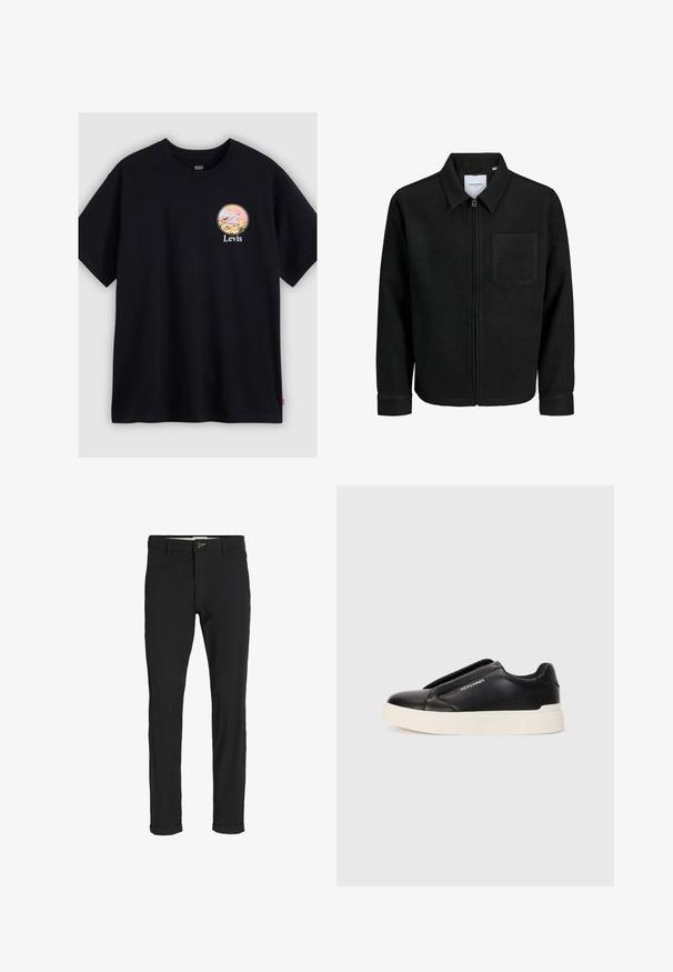 Mustaga lukuga jakker, millel on krae ja üks rinna-tasku, esitatud valgel taustal.; Must must-embleemiga must T-särk, millel on ümmargune graafiline disain pehmete värvidega, kujutades maastikku ja sõna "Levis" graafika all.; Mustast puuvillasegustest pükstest õhukese lõikega, milles on nööbikinnitus, taskud ja keeratud sääred, et saavutada lõdva lõppviimistluse.; Must musta kingad tekstureeritud nahast pealmise osaga, valge kummist tallaga ja nähtamatute paeltega. Küljel on brändi logo.