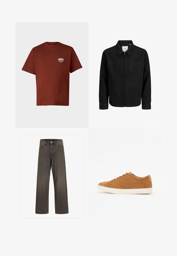 Melna jaka ar rāvējslēdzēju un apkakli, vienu krūšu kabatu, parādīta uz baltas fona.; Jack & Jones JORNOHO TEE - Apdrukāts T-krekls - brown; Platas kājas džinsi tumši pelēkā denima, ar augstu jostasvietu, klasisku piecu kabatu dizainu un kontrastējošām šuvēm.; Brūni zamšādas ikdienas apavi ar zemu augstumu, baltu gumijas zoli un noapaļotu purngalu. Iezīmē saskaņotas auklas un minimālu zīmolu uz papēža.