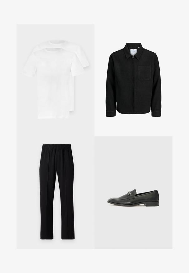 Black zip-up jacket with collar and single chest pocket, displayed on white background.; Two plain white cotton t-shirts with short sleeves, round necklines, and a smooth, soft texture, stacked slightly offset.; Black, elastic-waist trousers with a straight-leg design, featuring a smooth texture and no visible patterns or hardware.; Black leather loafer with a smooth finish, featuring a stitched design and a decorative metal chain accent across the vamp. Flat heel.