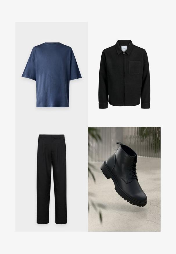 Sort lynlåsjakke med krave og en enkelt brystlomme, vist på hvid baggrund.; Marineblå kortærmet T-shirt, lavet af blødt stof, har en klassisk rund hals og løs pasform, uden synlige mønstre eller accenter.; Sorte bukser lavet af glat stof, med et lige ben-design, to frontfolder og en standard talje med bæltestropper.; Sorte læder ankelstøvler med rund tå, snørebåndsdesign og robust gummisål. Glat tekstur med en løkke bagpå.