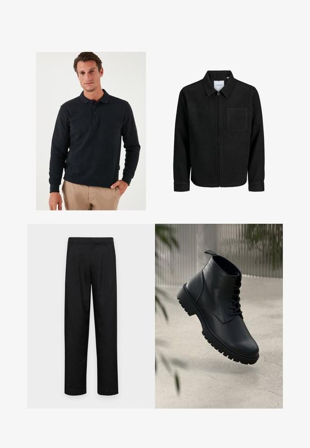 Melna jaka ar rāvējslēdzēju un apkakli, vienu krūšu kabatu, parādīta uz baltas fona.; Tumši pelēks garām piedurknēm polo krekls ar apkakles dekoltē, trīs pogu aizdari un ribota aproce. Gluda auduma virsma ar vieglu tekstūru.; Melnas bikses, izgatavotas no gludas auduma, ar taisnu kāju dizainu, divām priekšējām krokām un standarta jostu, kurai ir āķi.; Melnas ādas potītēm līdzīgas kurpes ar noapaļotu purngalu, saistīšanas sistēmu un izturīgu gumijas zoli. Gluda virsma ar cilpu aizmugurē.