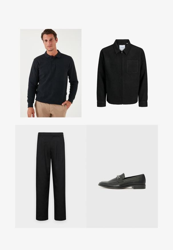 Giacca nera con zip, colletto e una tasca sul petto, mostrata su sfondo bianco.; Polo a maniche lunghe grigio scuro con collo a polo, patta con tre bottoni e polsini a coste. Tessuto liscio con una leggera texture.; Pantaloni neri realizzati in tessuto liscio, caratterizzati da un taglio dritto, due pieghe frontali e una vita standard con passanti per la cintura.; Mocassino in pelle nera con finitura liscia, caratterizzato da un design cucito e da un accento decorativo in catena metallica sul vamp. Tacco piatto.