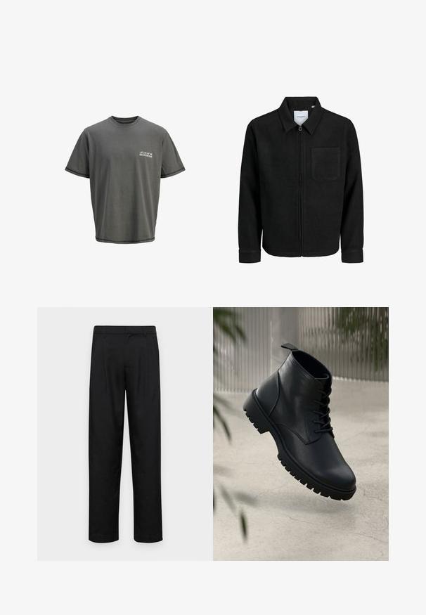 Giacca nera con zip, colletto e una tasca sul petto, mostrata su sfondo bianco.; T-shirt in cotone grigio con collo a giro, maniche corte e logo stampato sul lato sinistro del petto. Presenta cuciture a contrasto nel bordo.; Pantaloni neri realizzati in tessuto liscio, caratterizzati da un taglio dritto, due pieghe frontali e una vita standard con passanti per la cintura.; Stivali alla caviglia in pelle nera con punta arrotondata, design con lacci e suola in gomma robusta. Texture liscia con una linguetta sul retro.