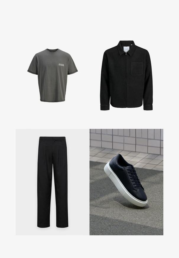 Zwarte zip-up jas met kraag en enkele borstzak, weergegeven op een witte achtergrond.; Grijze katoenen t-shirt met een ronde hals, korte mouwen en een bedrukte logo op de linkerborst. Heeft contrasterende zoomstiksels.; Zwarte broeken van gladde stof, met een recht model, twee voorknikken en een standaard tailleband met riemlussen.; Zwarte leren sneaker met een ronde neus en een witte rubberen zool. Voorzien van platte veters en minimale stiksels op het bovenwerk. Textuurrijke zool voor grip.