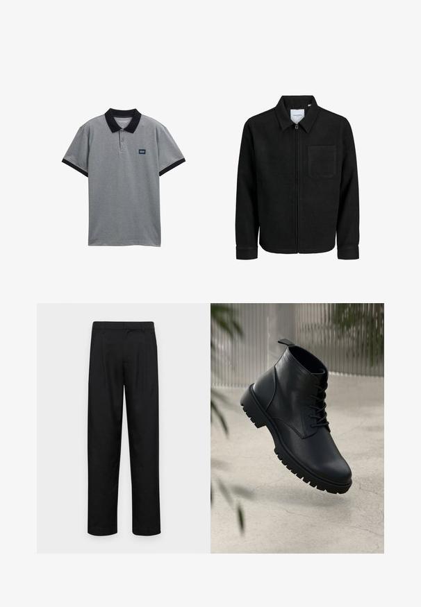 Zwarte zip-up jas met kraag en enkele borstzak, weergegeven op een witte achtergrond.; Grijze polo-shirt met een zwarte kraag en accenten op de mouwen. Beschikt over een sluiting met drie knopen en een klein logopatch op de borst. Van een katoenmix.; Zwarte broeken van gladde stof, met een recht model, twee voorknikken en een standaard tailleband met riemlussen.; Zwarte leren enkelboots met een ronde neus, vetersluiting en robuuste rubberen zool. Gladde textuur met een bevestigingslus aan de achterkant.