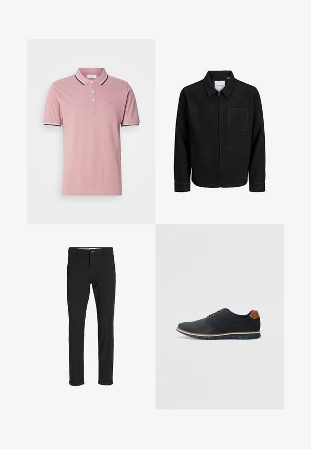 Fekete, zipzáros dzseki gallérral és egyetlen mellzsebbel, fehér háttéren.; Rózsaszín póló ing, két gombos nyakkal, bordázott gallérral, amely tengerészkék és fehér csíkozással díszített, és finoman hímzett logóval a mellkason.; Fekete pamut keverék nadrág, slim fit szabással, gombos záródással, zsebekkel és felgöngyölt szárakkal a laza végeredményért.; Fekete szintetikus cipők, textúrált felsőrésszel, sima díszítésekkel, barna sarkával és kontrasztos talppal. Minimális fűzéssel és varrási részletekkel rendelkezik.