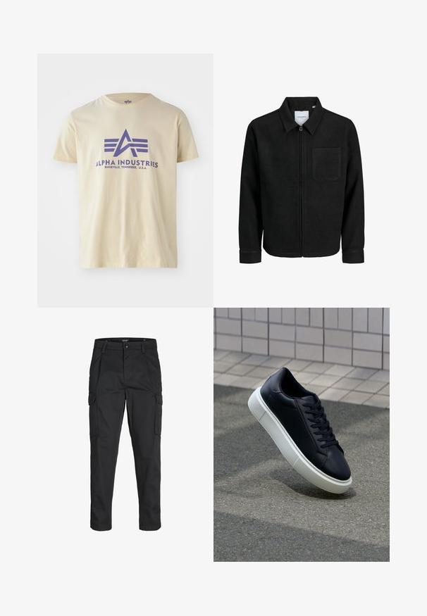 Black zip-up jacket with collar and single chest pocket, displayed on white background.; Beige cotton t-shirt with a round neck, featuring a purple graphic logo and text reading "ALPHA INDUSTRIES, KNOXVILLE, TENNESSEE, U.S.A."; Black cargo pants made of sturdy fabric, featuring multiple pockets, a button closure, and a slim fit design with tapered legs.; Black leather sneaker with rounded toe and white rubber sole. Features flat laces and minimal stitching on the upper. Textured sole for grip.