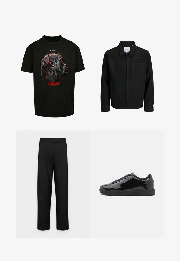 Schwarze Zip-Jacke mit Kragen und einer einzelnen Brusttasche, auf weißem Hintergrund präsentiert.; Schwarzes Baumwoll-T-Shirt mit einem Grafikdesign eines stilisierten Gesichts in Grautönen und rot, mit rotem Text "FLYING HIGH" darunter.; Schwarze Hose aus glattem Stoff, mit geradem Bein Design, zwei vorderen Falten und einem Standardbund mit Gürtelschlaufen.; Schwarze Lackledersneaker mit runder Spitze, flacher Gummisohle und schwarzen Schnürsenkeln. Glatte, glänzende Textur auf der Oberfläche.