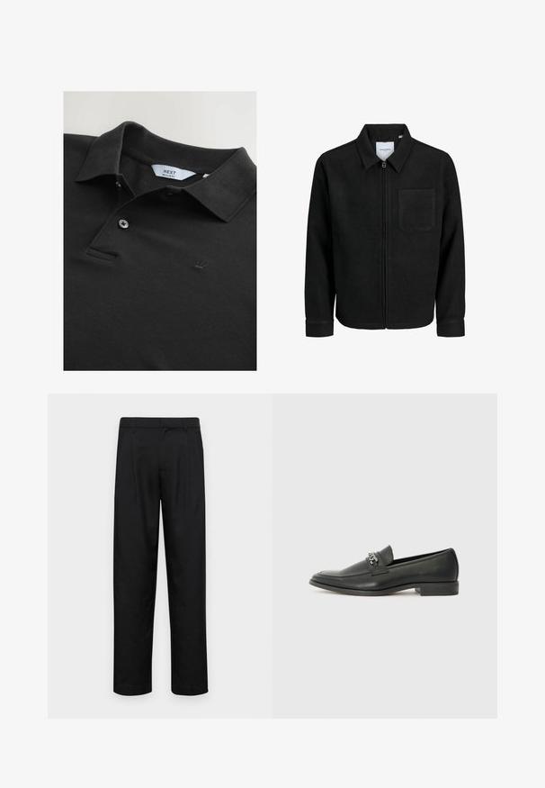 Melna jaka ar rāvējslēdzēju un apkakli, vienu krūšu kabatu, parādīta uz baltas fona.; Melns polo krekls, izgatavots no teksturētas auduma, ar apkakli, divām pogām un mazu izšūtu kroņa logo uz krūšu. Regulāra piegrieztne.; Melnas bikses, izgatavotas no gludas auduma, ar taisnu kāju dizainu, divām priekšējām krokām un standarta jostu, kurai ir āķi.; Melna ādas loafer izmēra apavi ar gludu virsmu, piedāvā ar šūtu dizainu un dekoratīvu metāla ķēdes akcentu pār vampu. Plakana papēža daļa.