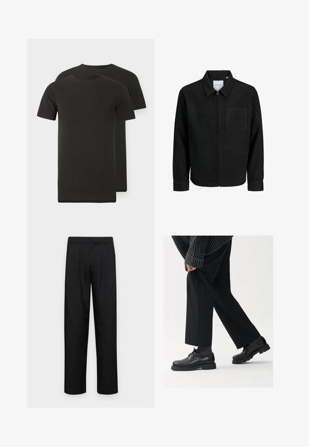 Zwarte zip-up jas met kraag en enkele borstzak, weergegeven op een witte achtergrond.; Twee zwarte T-shirts met ronde hals, gemaakt van zacht materiaal. Korte mouwen, rechte zoom en zonder zichtbare patronen of afbeeldingen.; Zwarte broeken van gladde stof, met een recht model, twee voorknikken en een standaard tailleband met riemlussen.; Zwarte leren schoenen met een afgeronde neus, vetersluiting en een dikke, getextureerde zool. Draagt een gepaste zwarte broek en een geribbelde trui.
