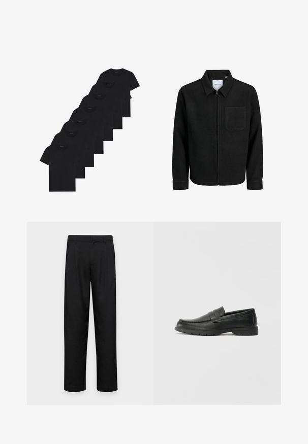 Črna jakna z zadrgo in ovratnikom ter enim žepom na prsih, prikazana na beli podlagi.; Nabor osmih črnih bombažnih majic s kratkimi rokavi in okroglim izrezom, ki imajo preprost dizajn in mehak otip.; Črne hlače iz gladkega materiala, s krojem ravne noge, dvema sprednjima pregiboma in standardnim pasom z zankami za pas.; Črne usnjene loafer čevlje z gladko površino, zgornjim delom v slogu mokasin, šivanimi detajli in gumijastim podplatom. Klasična zasnova z nizko peto.