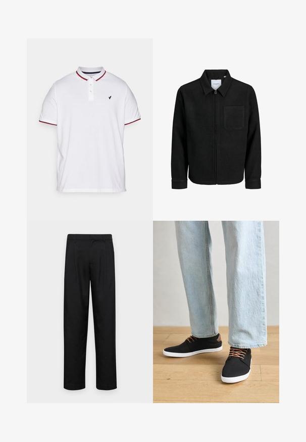 Veste zippée noire avec col et poche poitrine unique, présentée sur fond blanc.; Polo shirt blanc avec col, patte de boutonnage à trois boutons, accents rayés rouge et bleu marine sur les manches, et un petit logo noir sur la poitrine.; Pantalons noirs en tissu lisse, avec une coupe droite, deux plis avant et une taille standard avec passants de ceinture.; Baskets en toile noires avec des accents marron, semelles en caoutchouc blanches et lacets marron, associées à un jean droit bleu clair. Fond en bois.