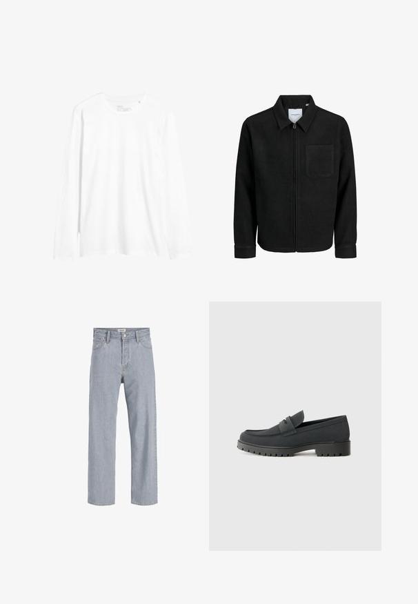Juodas džemperis su užtrauktuku, apykakle ir vienu krūtiniu kišenėje, pristatytas baltame fone.; Ilga rankovė balta marškinėliai pagaminti iš medvilnės. Turi apvalų iškirpimą, siaurą kirpimą ir šonines įpjovas ant apačios. Paprastas dizainas be raštų.; Šviesiai mėlynos džinsinės kelnės su laisvu siluetu, tiesiomis kojomis, matomomis siūlėmis, dviem priekiniams kišenėmis ir mygtukų užtrauktuku.; Juodi loafers batai su lygiu, matinio paviršiaus, turintys apvalią nosį ir storą, tekstūruotą padai. Pabrėžti priekinės juostos akcentu.