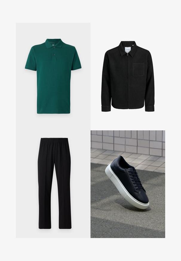 Mustaga lukuga jakker, millel on krae ja üks rinna-tasku, esitatud valgel taustal.; Roheline polo särk puuvillast. Omab klassikalist kraed, lühikesi varrukaid ja kolme nööpiga kaelust. Sile tekstuur.; Mustad, elastse puusärgid sirge säärega, mis on sileda tekstuuriga ja ilma nähtavate mustrite või riistadega.; Mustast nahast tennisetoss, millel on ümar nina ja valge kummist tall. Omab siredaid paelu ja minimaalset õmblemist ülemises osas. Tekstuuriga tald, mis tagab haakuvuse.