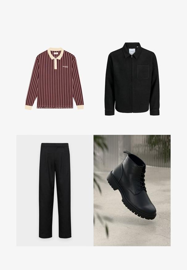 Jachetă neagră cu fermoar, cu guler și un singur buzunar pe piept, expusă pe fundal alb.; Polo de culoare burgundă cu mânecă lungă, cu dungi verticale crem, guler crem și logo brodat pe piept, având manșete cu nervuri.; Pantaloni negri dintr-un material neted, cu un design drept, două pliuri frontale și un tiv standard cu bucle pentru curea.; Botine din piele neagră până la gleznă, cu vârf rotund, design cu şireturi şi talpă din cauciuc robustă. Textură netedă cu o bandă de prindere în spate.