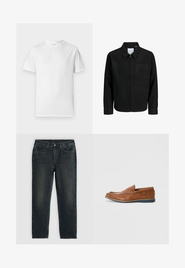 Crna jakna na zip s ovratnikom i jednim džepom na prsima, prikazana na bijeloj pozadini.; Bijela kratka majica s kratkim rukavima od mekog pamuka. Ima okrugli izrez i ravni rub s minimalnim detaljima.; Tamno plavi traperice s ravnim krojem, koje imaju pet džepova, rajsferšlus i kontrastne šavove. Diskretno izbljeđivanje na tkanini.; Smeđe kožne mokasine s okruglim vrhom, šivanim detaljima i niskim gumenim potplatom. Dizajn sadrži trakicu preko gornjeg dijela.