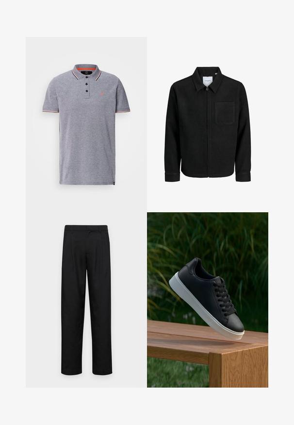 Zwarte zip-up jas met kraag en enkele borstzak, weergegeven op een witte achtergrond.; Grijze polo shirt met een gestructureerde kraag, drievoudige knoopsluiting en contrasterende rode accenten op de kraag en mouwen. Klein logo op de borst.; Zwarte broeken van gladde stof, met een recht model, twee voorknikken en een standaard tailleband met riemlussen.; Zwarte leren sneaker met een gladde textuur, witte rubberen zool en zes oogjes voor veter, weergegeven op een houten oppervlak.