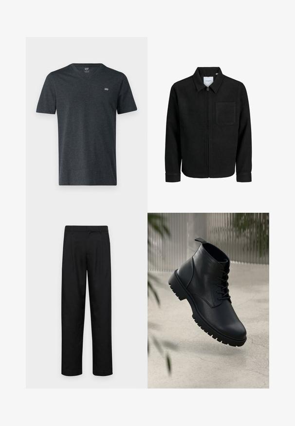 Čierna zipsová bunda s golierom a jednou náprsníkou, vystavená na bielom pozadí.; GAP EVERYDAY MICRO LOGO VEE - Základné tričko - charcoal; Čierne nohavice vyrobené z hladkej tkaniny, s rovnými nohavicami, dvoma prednými skladmi a štandardným pásom s pútkami na opasok.; Čierne kožené členkové topánky s okrúhlou špicou, šnurovací dizajn a robustná gumová podrážka. Hladký povrch s pútkom na zadnej strane.
