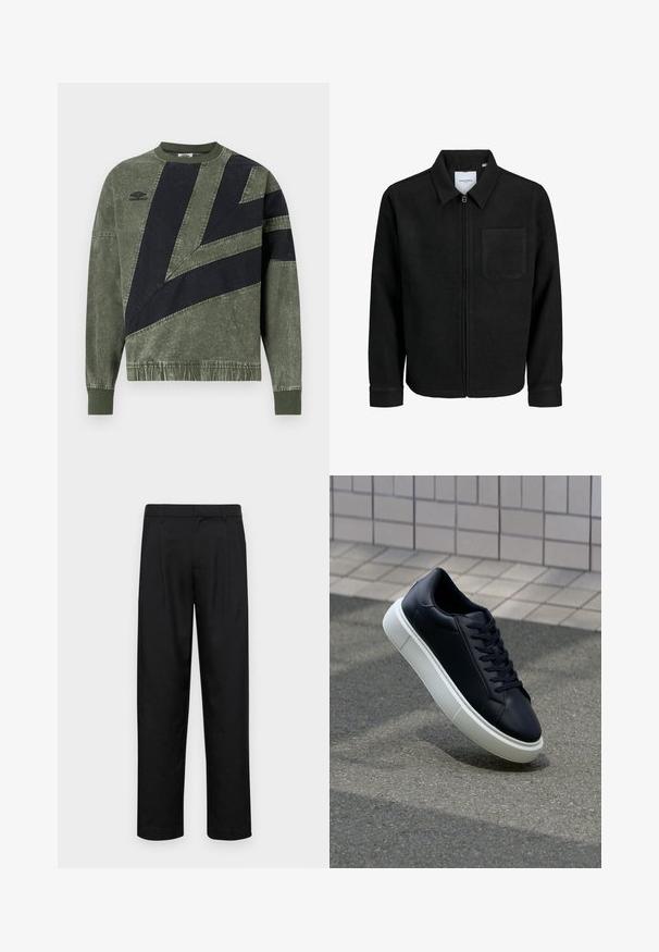 Fekete, zipzáros dzseki gallérral és egyetlen mellzsebbel, fehér háttéren.; Hosszú ujjú, zöld és fekete színblokkolt pulóver, bordás mandzsettákkal és gallérral, a bal mellen az Umbro logójával.; Fekete nadrág sima anyagból, egyenes szárú fazonnal, két elülső redővel és közönséges derékkal, övhurkokkal.; Fekete bőr sportcipő lekerekített orral és fehér gumitalppal. Lapos fűzőkkel és minimális varrásokkal rendelkezik a felsőrészén. Mintás talp a tapadásért.