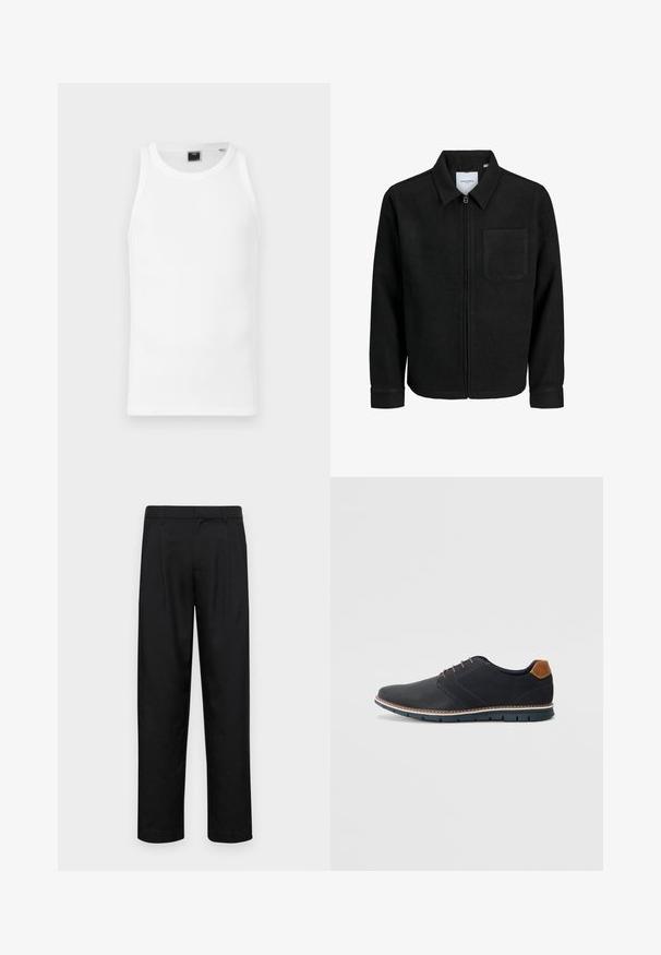 Sort lynlåsjakke med krave og en enkelt brystlomme, vist på hvid baggrund.; Hvid bomulds tanktop med rund halsudskæring, brede armhuller og slim fit. Har en label ved halsen indeni. Glat tekstur.; Sorte bukser lavet af glat stof, med et lige ben-design, to frontfolder og en standard talje med bæltestropper.; Sorte syntetiske sko med en tekstureret overdel, glatte accenter, brun hæl og en kontrasterende sål. Har minimale snørebånd og syningsdetaljer.