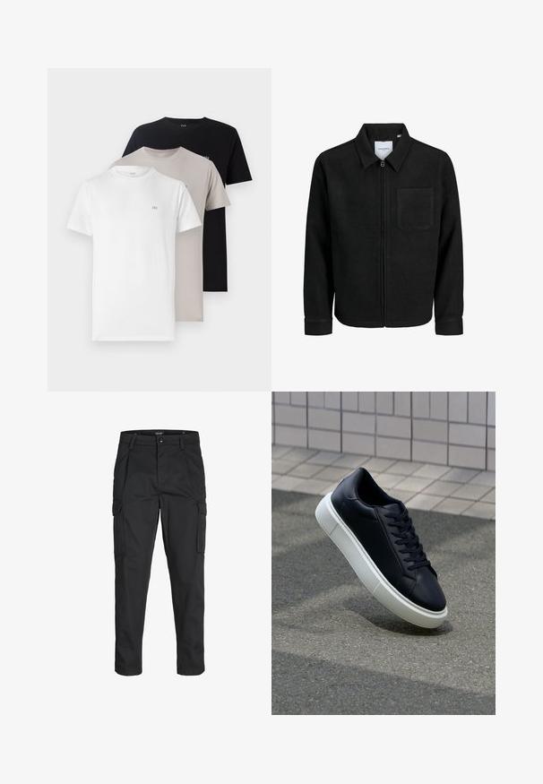 Schwarze Zip-Jacke mit Kragen und einer einzelnen Brusttasche, auf weißem Hintergrund präsentiert.; Drei Rundhals-T-Shirts in Weiß, Beige und Schwarz, aus einem weichen Baumwollmaterial gefertigt, mit einem kleinen Logo auf der Brust in jeder Farbe.; Schwarze Cargo-Hose aus robustem Material, mit mehreren Taschen, einem Knopfverschluss und einem Slim-Fit-Design mit schmal zulaufenden Beinen.; Schwarze Leder-Sneaker mit runder Zehenpartie und weißer Gummisohle. Verfügt über flache Schnürsenkel und minimale Nähte im Obermaterial. Strukturiertes Sohlenprofil für besseren Halt.