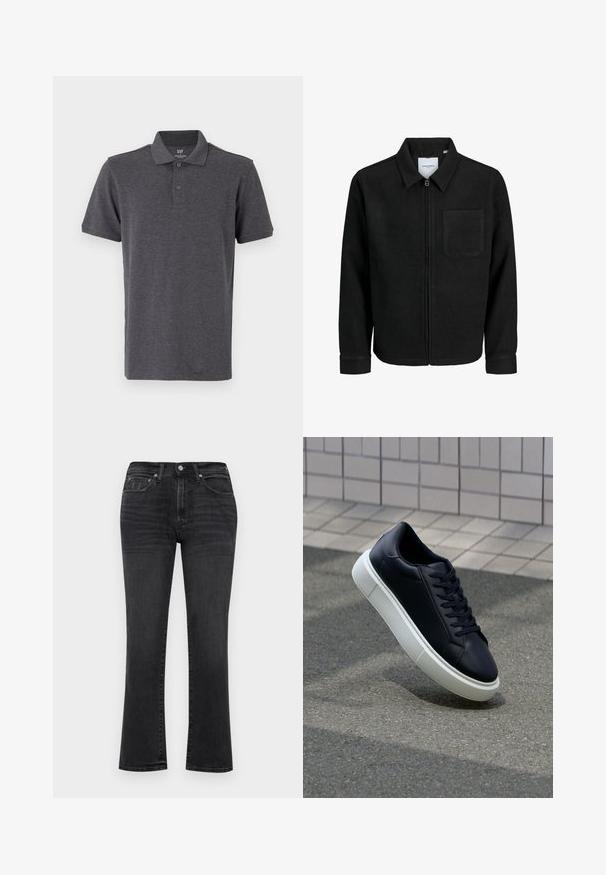 Mustaga lukuga jakker, millel on krae ja üks rinna-tasku, esitatud valgel taustal.; GAP Polosärk - light grey; Mustad denim teksad sirge jala, nupuga sulgemine, viis taskut, diskreetne pleekimine ja standardne õmblusdetail kogu ulatuses.; Mustast nahast tennisetoss, millel on ümar nina ja valge kummist tall. Omab siredaid paelu ja minimaalset õmblemist ülemises osas. Tekstuuriga tald, mis tagab haakuvuse.