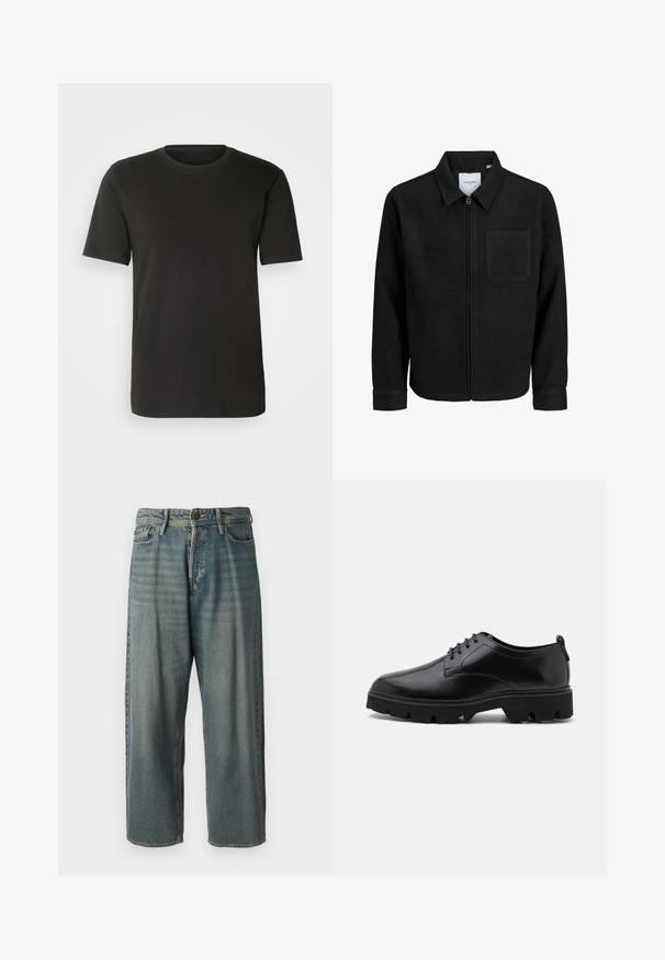 Fekete, zipzáros dzseki gallérral és egyetlen mellzsebbel, fehér háttéren.; Fekete pamut póló, klasszikus kerek nyakkal és rövid ujjakkal, finom logóval a mellrészen, sima textúrával.; Világoskék farmernadrág, laza fazonnal, közepes derékbőséggel és egyenes szárral. Öt zsebet, övbucskát és gombos záródást tartalmaz.; Fekete bőrcipők sima felülettel, fűzős kialakítással, vastag, strapabíró gumitalppal, mély barázdákkal a tapadásért.