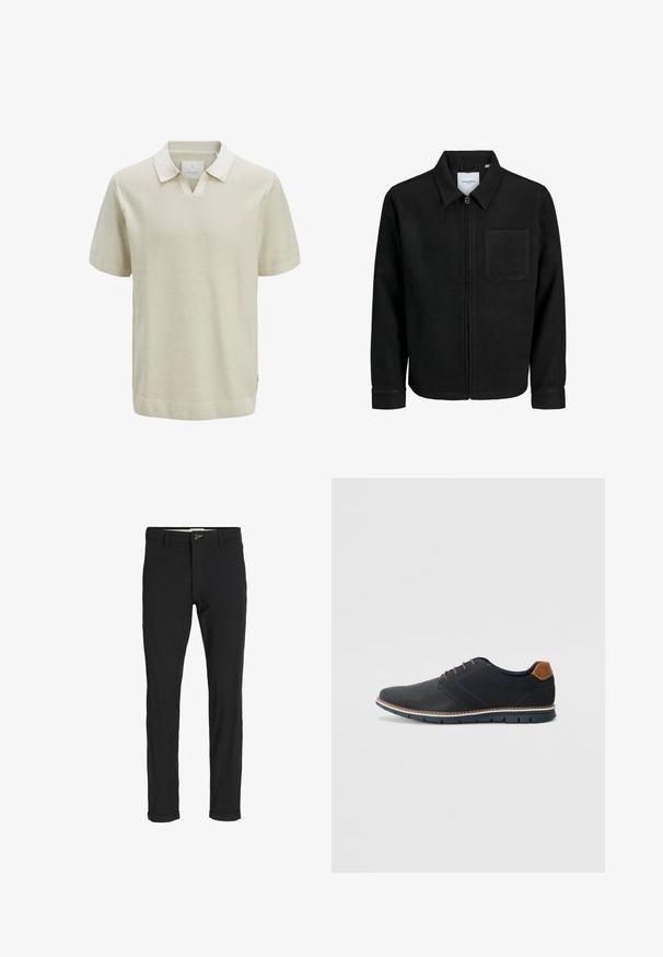 Zwarte zip-up jas met kraag en enkele borstzak, weergegeven op een witte achtergrond.; Korte mouwen beige polo shirt met een gestructureerd breipatroon, contrasterende kraag en geribde manchetten. Bevat een v-hals en accenten aan de zijkant van de zoom.; Zwarte katoenen broek van een katoenmix met een slim fit, voorzien van een knoopsluiting, zakken en opgerolde mouwen voor een casual afwerking.; Zwarte synthetische schoenen met een gestructureerde bovenkant, gladde accenten, bruine hak en een contrasterende zool. Bevat minimale veters en stikdetails.