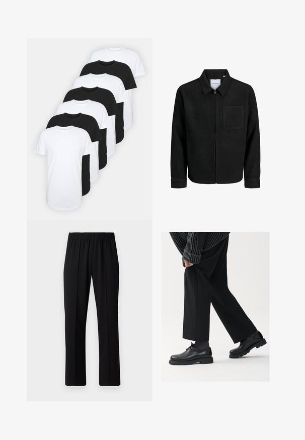 Zwarte zip-up jas met kraag en enkele borstzak, weergegeven op een witte achtergrond.; Set van acht crew-neck t-shirts in zwart en wit. Katoenen materiaal, korte mouwen, standaard pasvorm, zachte textuur, met label detail.; Zwarte, elastische broek met rechte pijpen, met een gladde textuur en zonder zichtbare patronen of hardware.; Zwarte leren schoenen met een afgeronde neus, vetersluiting en een dikke, getextureerde zool. Draagt een gepaste zwarte broek en een geribbelde trui.