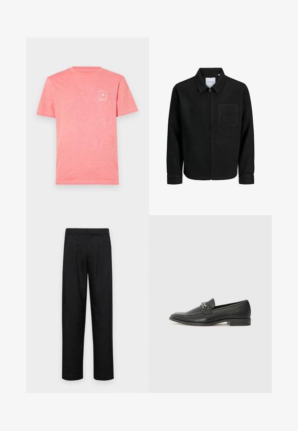 Mustaga lukuga jakker, millel on krae ja üks rinna-tasku, esitatud valgel taustal.; Roosa puuvillane T-särk lühikeste varrukatega, millel on vasakul rinnus väike valge logo. Pehme tekstuur ja klassikaline ümmargune kaelus.; Mustad mustadest riietest, millel on sirge jalgade disain, kaks eesmist voltimist ja tavaline vöökoht, millel on vöökohad.; Must haveate nahkking punased, millel on sile viimistlus, tikitud muster ja dekoratiivne metallkett vampi üle. Tasane konts.