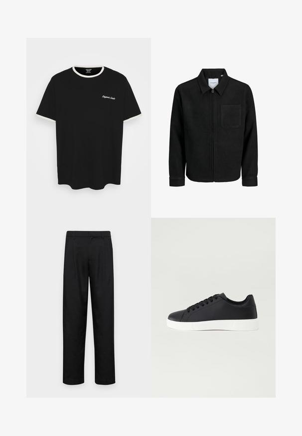 Sort lynlåsjakke med krave og en enkelt brystlomme, vist på hvid baggrund.; Sort bomulds-T-shirt med en cremefarvet ribbet halsudskæring og ærmekanter. T-shirten har hvid broderet tekst på brystet.; Sorte bukser lavet af glat stof, med et lige ben-design, to frontfolder og en standard talje med bæltestropper.; Pier One Sneakers - black