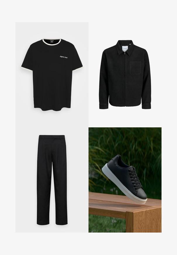 Musta vetoketjullinen takki, jossa on kaulus ja yksi rintatasku, esitelty valkoista taustaa vasten.; Musta puuvillapaita, jossa on kerma värinen ribbineck ja hihansuut. Paidassa on valkoista brodeerattua tekstiä rinnassa.; Mustat housut, jotka on valmistettu sileästä kankaasta, suoran lahkeen muotoilulla, kahdella etupleekillä ja tavanomaisella vyötäröllä, jossa on vyölenkit.; Musta nahkakengät, joissa on sileä pinta, valkoinen kumipohja ja kuusi aukkoa nauhoille, esillä puupinnalla.